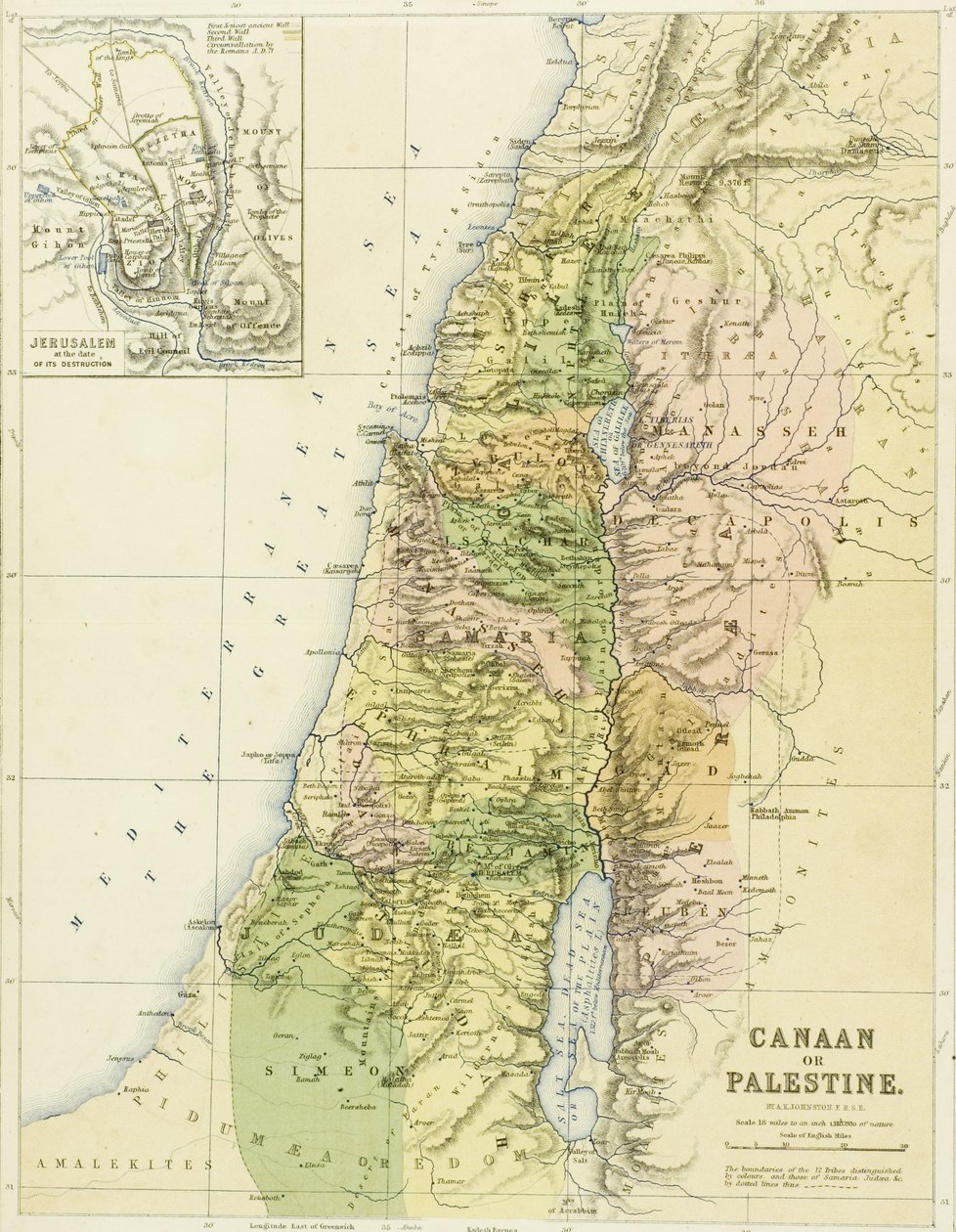 Mappa di Canaan, o Palestina, pubblicata da A.K Johnstone da English School