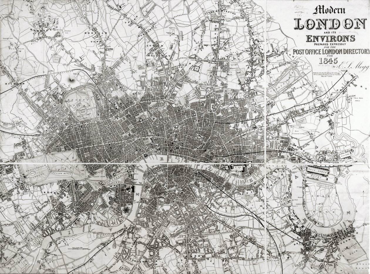 Mappa di Londra moderna e dintorni, 1845 da English School