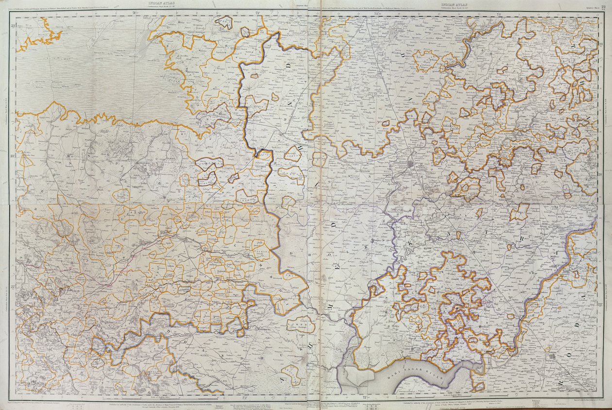 Mappa dello stato del Gujarat, India, pubblicata sotto la direzione del colonnello J.T. Walker, C.B., R.E., F.R.S., Surveyor General of India, 1879 da English School