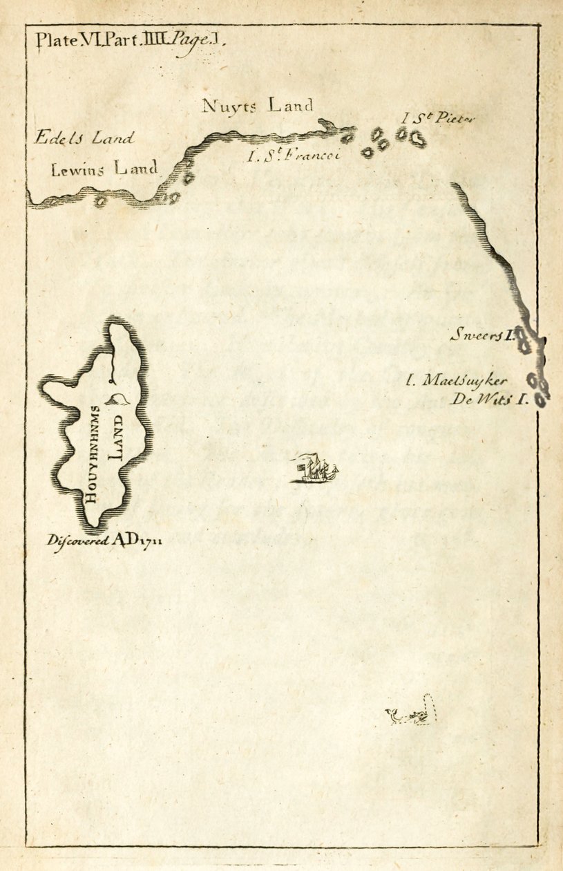 Mappa che mostra la posizione della Terra degli Houyhnhnms dalla prima edizione di Viaggi di Gulliver di Jonathan Swift da English School