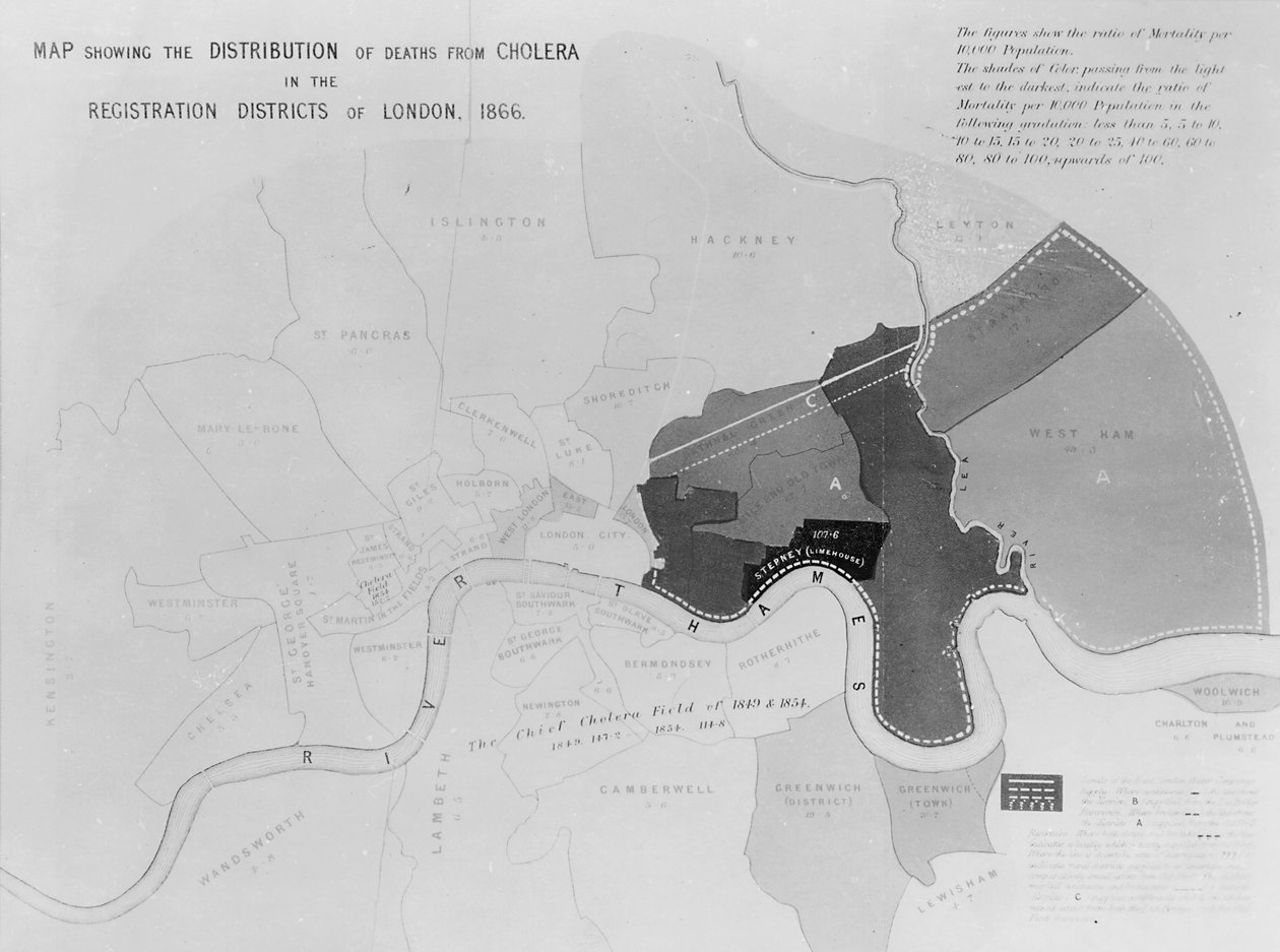 Mappa che mostra la distribuzione delle morti per colera nei distretti di registrazione di Londra, 1866 da English School