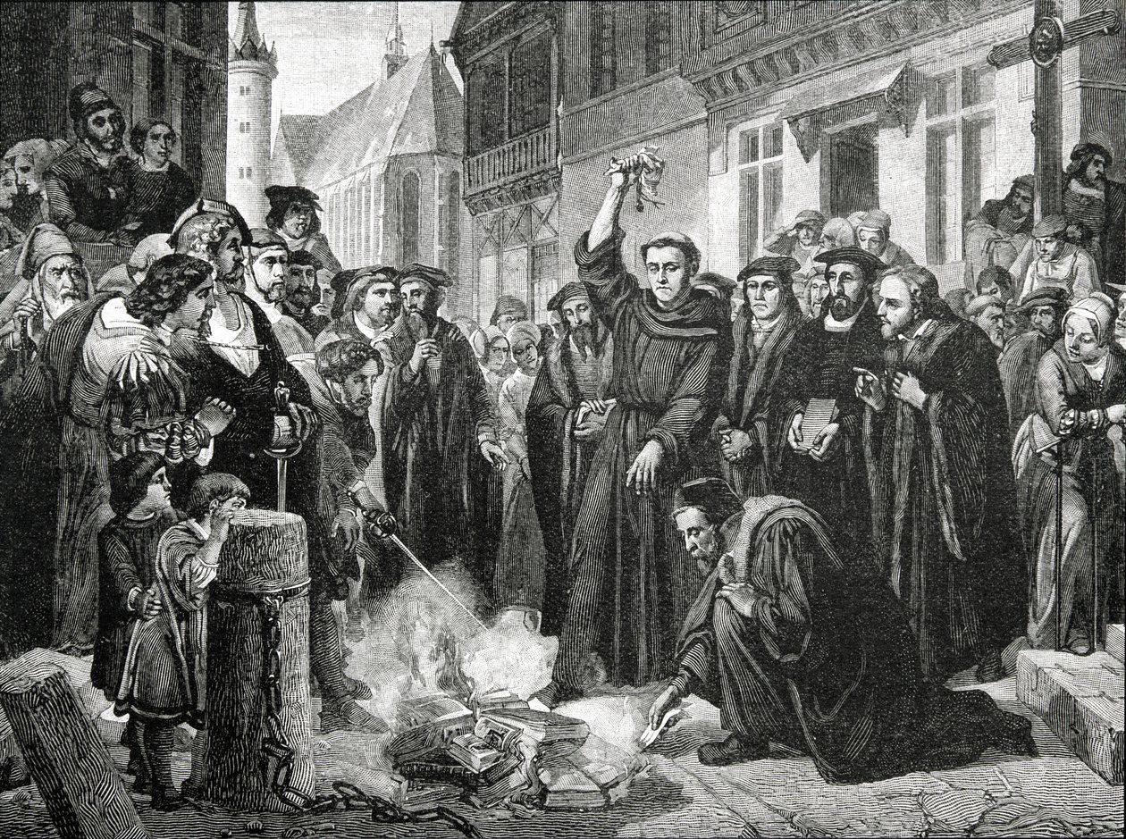 Martin Lutero (1483-1546) brucia pubblicamente la bolla papale nel 1521 da English School