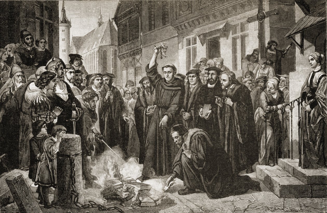 Martin Lutero (1483-1556) che brucia la bolla papale nel 1520 da English School