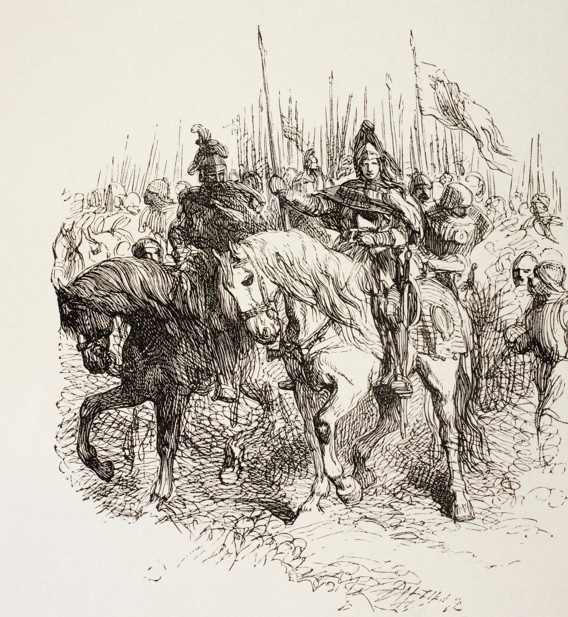Esercito medievale in marcia guidato da cavalieri a cavallo, da 