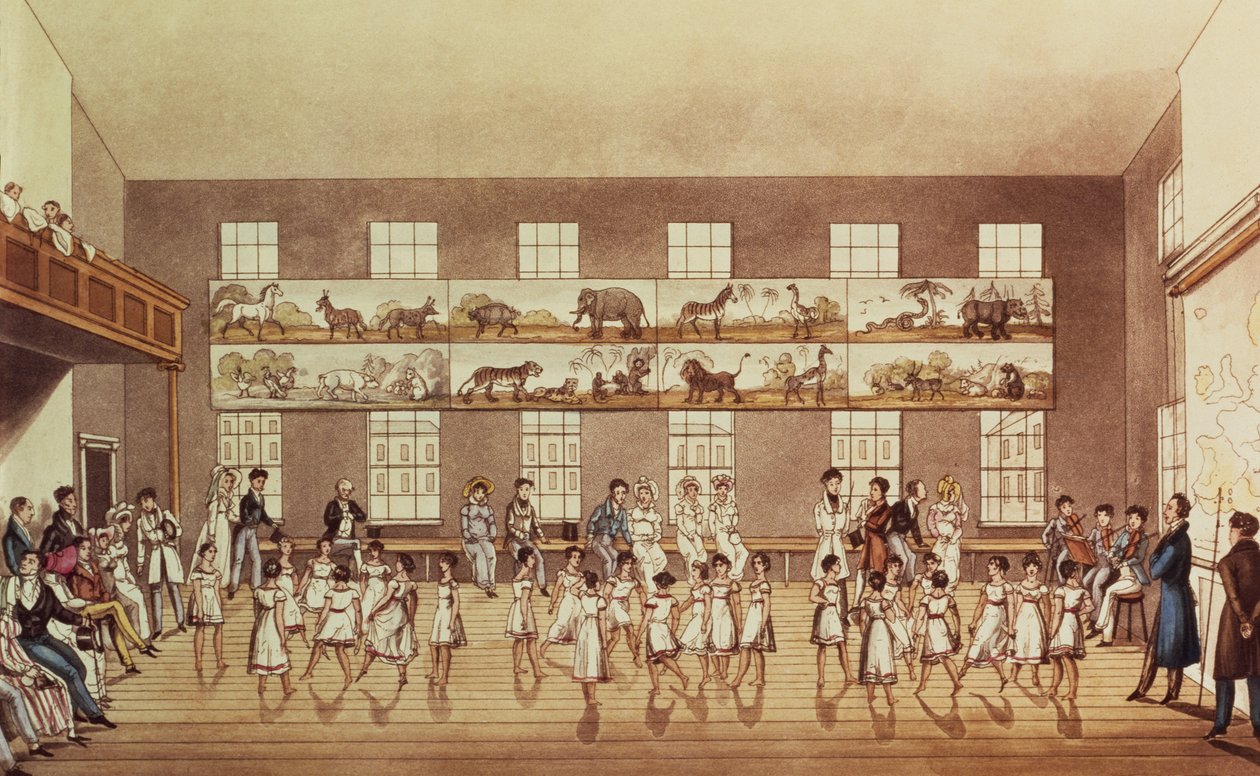 Istituzione di Mr Owens, New Lanark (Quadrille Dancing), inciso da George Hunt, pub. 1825 da English School
