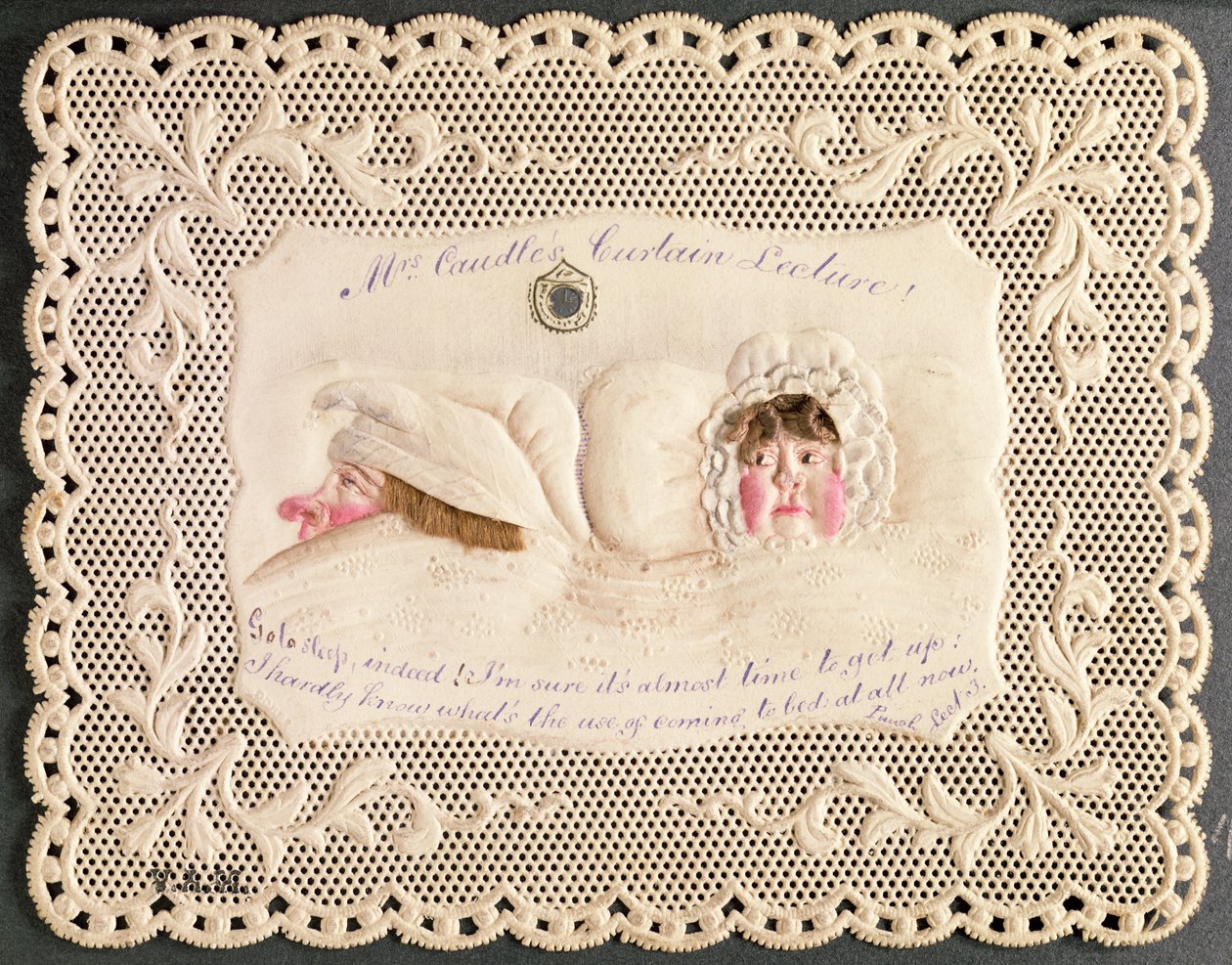 Lezione di Mrs Caudle, carta vittoriana da Punch Lezione 3, con volti modellati e capelli veri da English School