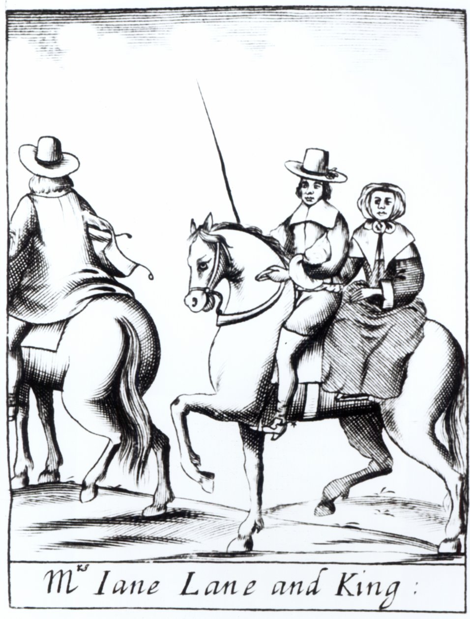 La signora Jane Lane che cavalca con il re Carlo II (1630-85) dopo la sconfitta alla battaglia di Worcester nel settembre 1651, pubblicato nel 1660 da English School