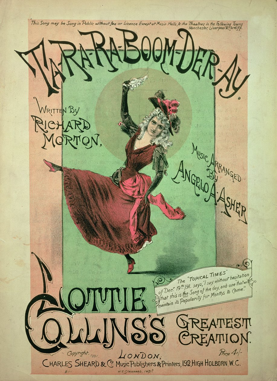 Copertina musicale per Ta-Ra-Ra-Boom-Der-Ay, pubblicata da Charles Sheard & Co, 1891 da English School