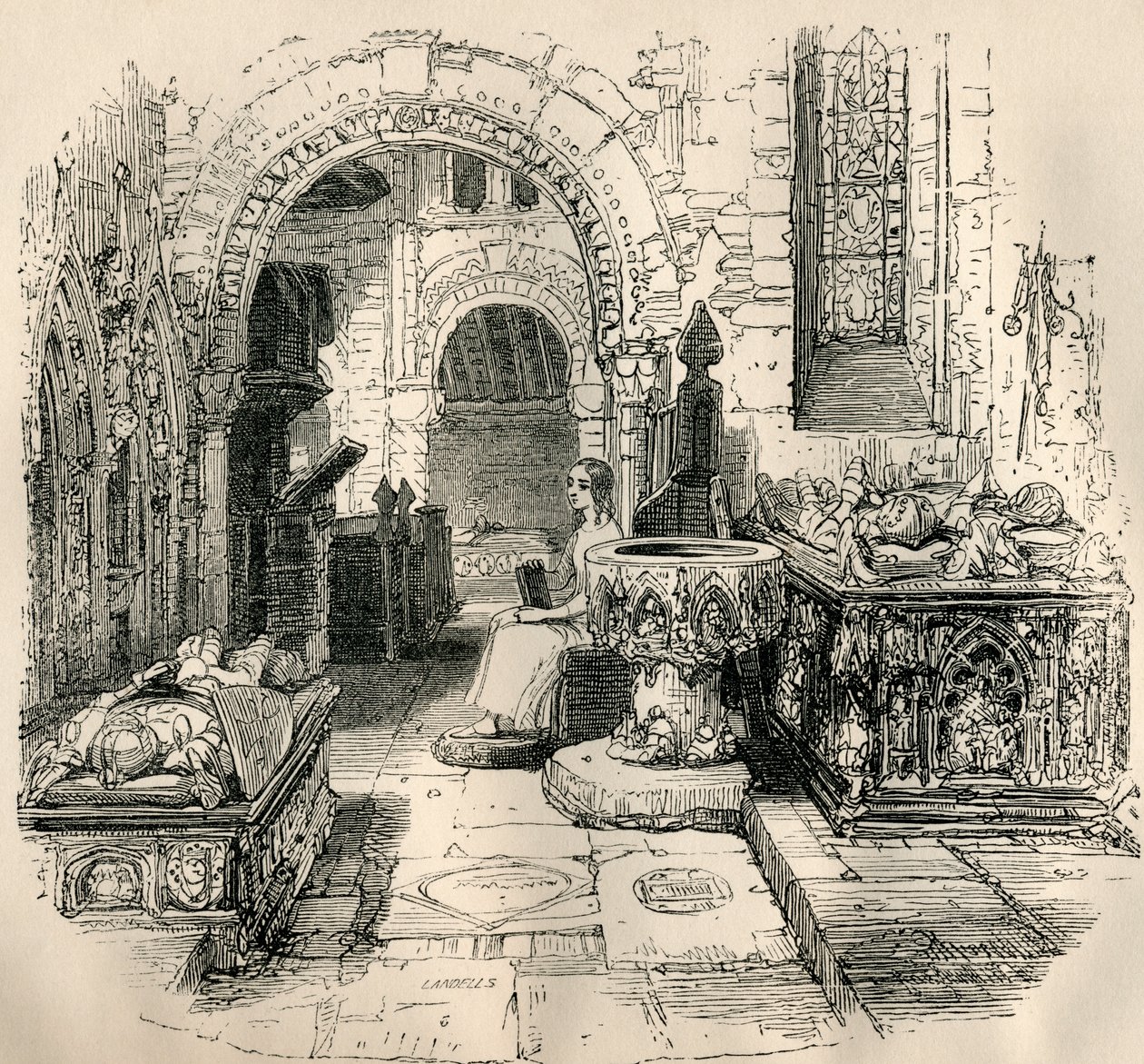 Nell Trent seduta nella vecchia chiesa, da 
