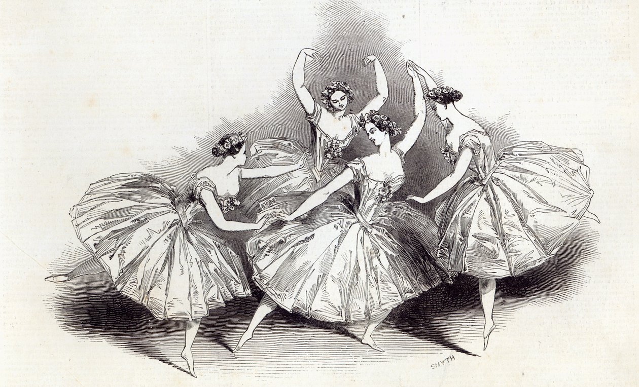 Nuovo Pas de Quatre, di Mdlles. Taglioni, C. Grisi, L. Grahn e Cerito, al Teatro di Sua Maestà, da The Illustrated London News, 19 luglio 1845 da English School