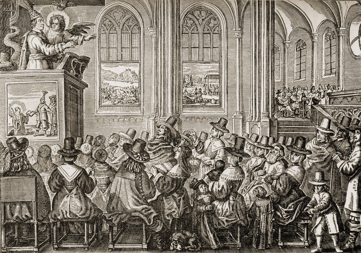 Oliver Cromwell (1599-1658) predica a una congregazione puritana da English School