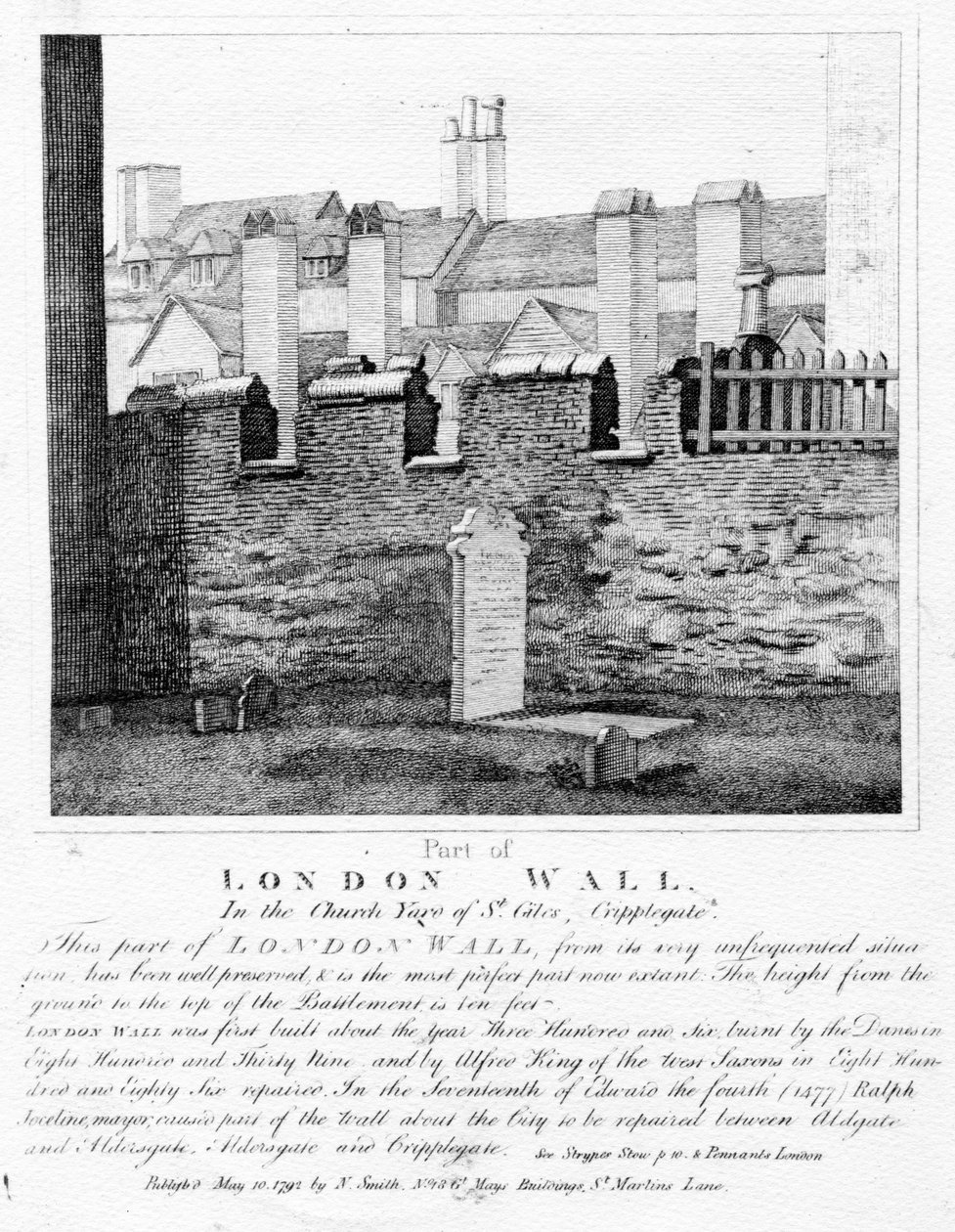 Parte del muro di Londra, nel cimitero della chiesa di San Giles, Cripplegate, pubblicato nel 1792 da English School