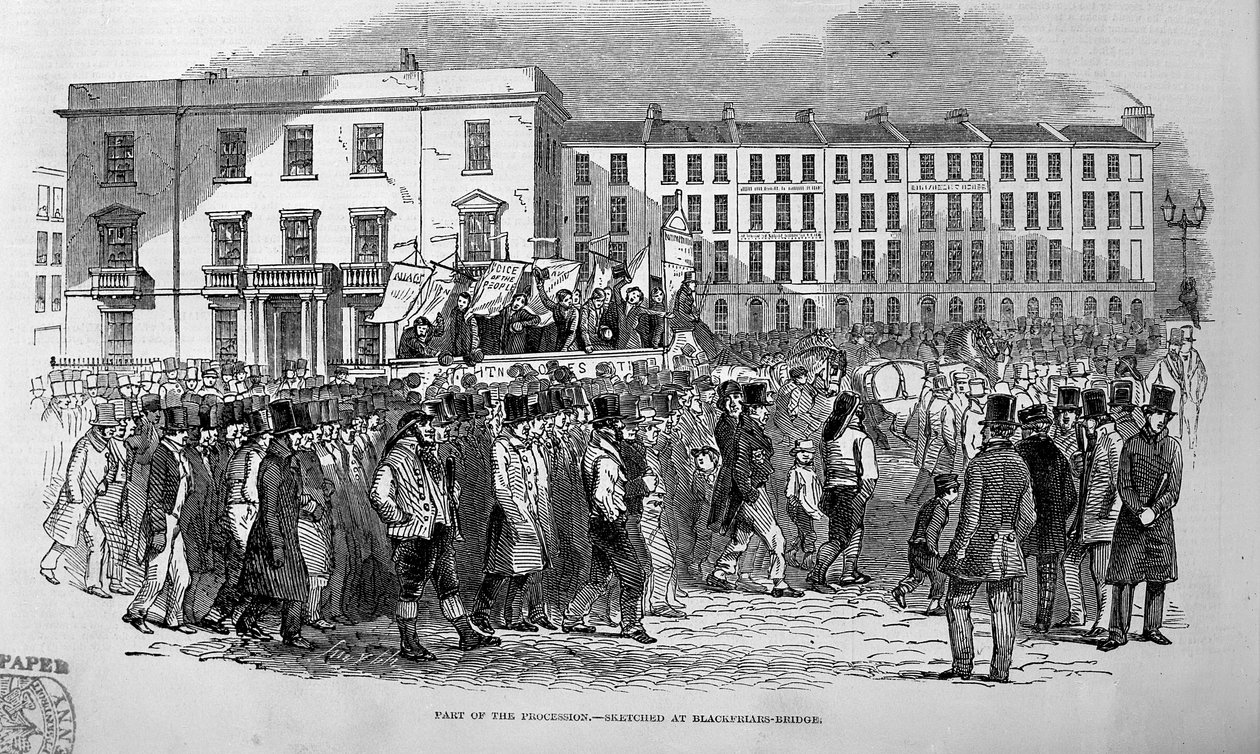 Parte della processione cartista disegnata al Blackfriars Bridge, 10 aprile 1848 da English School