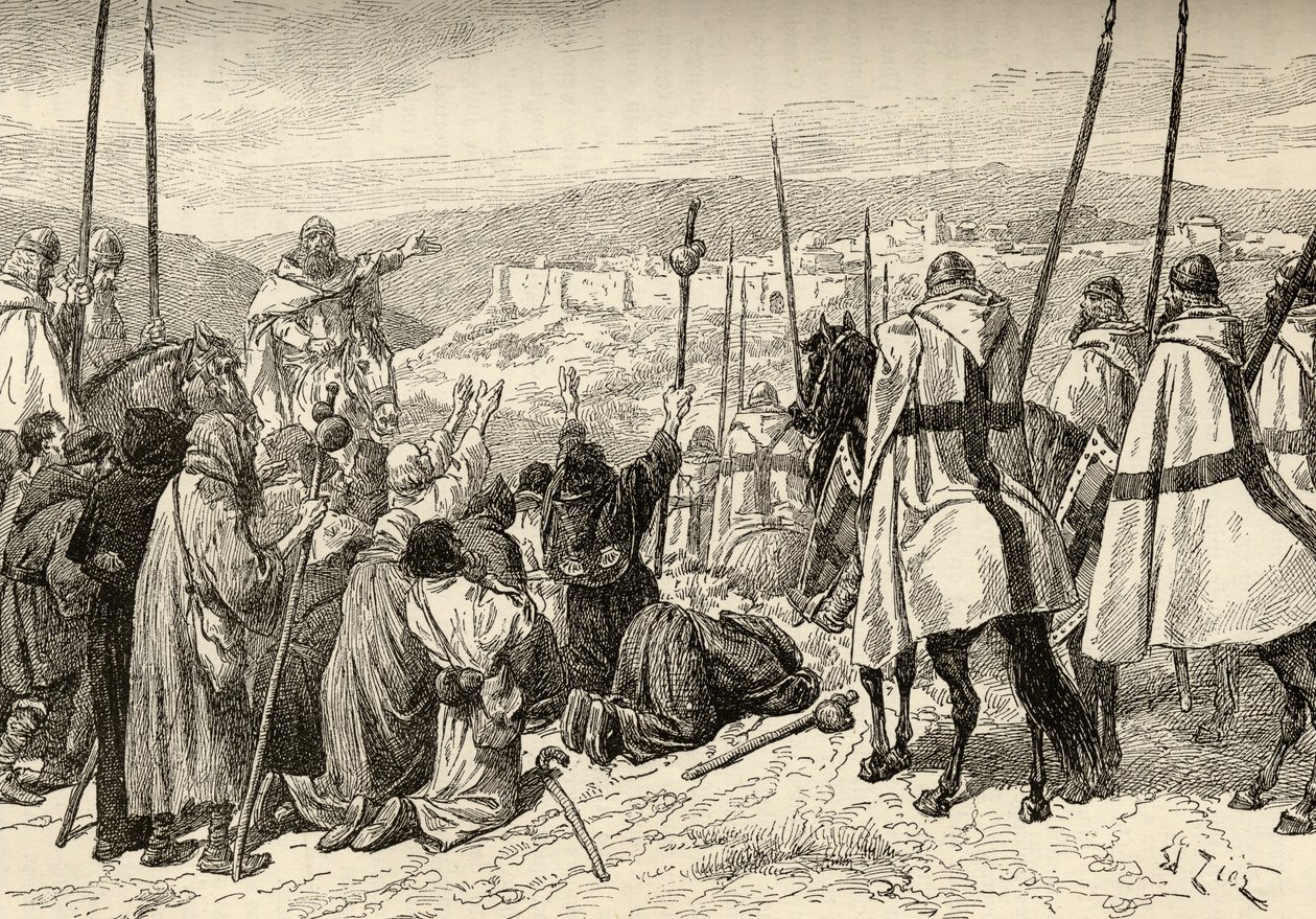 Pellegrini sotto scorta dei Cavalieri Templari davanti a Gerusalemme nel XII secolo da English School