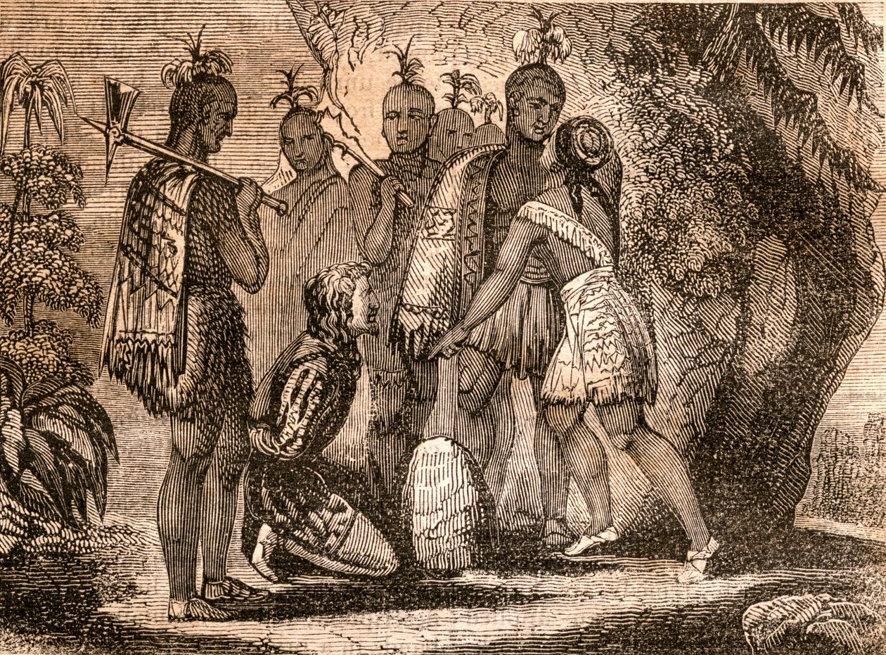 Pocahontas che intercede per la vita di Smith nel 1607, illustrazione da 
