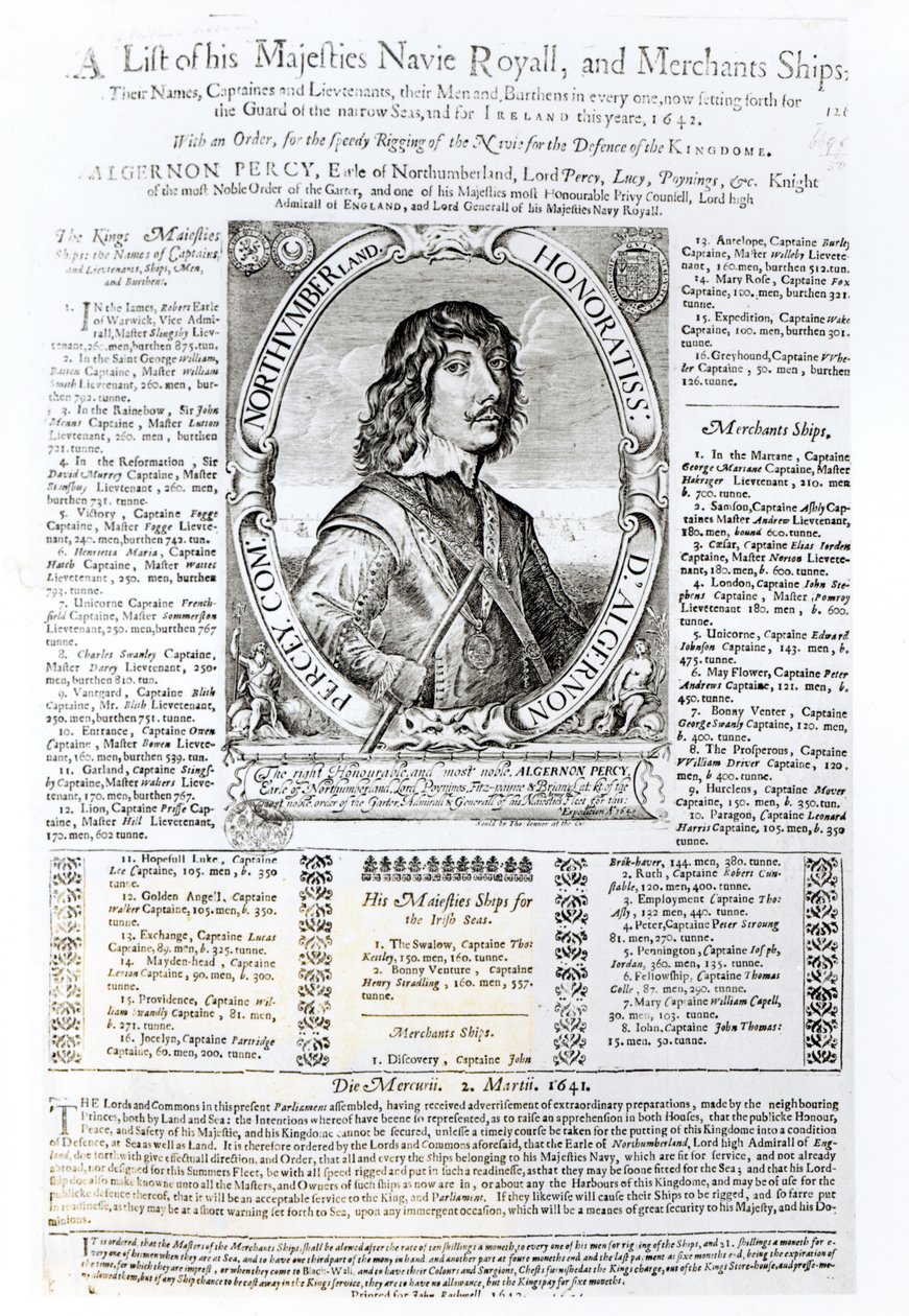 Ritratto di Algernon Percy, decimo conte di Northumberland (1602-68) accompagnato da un elenco della Royal Navy di Sua Maestà, 1642 da English School