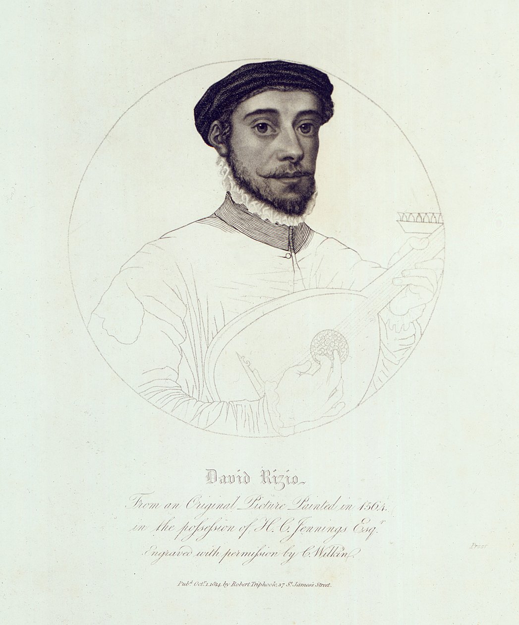 Ritratto di David Rizio, da un originale dipinto nel 1564, inciso da C. Wilkin, pub. Londra, 1814 da English School