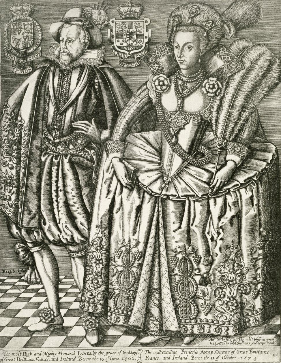 Ritratto di Giacomo I (1566-1625) e Anna di Danimarca (1574-1619) pagina del titolo dal Libro dei Re, inciso da Renold Elstrack (1571-c.1630) 1618 da English School