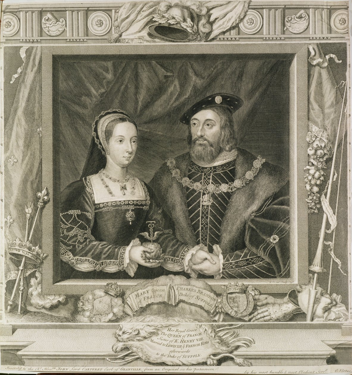 Ritratto di Maria (1496-1533) Regina di Francia, e Charles Brandon (m.1545) Duca di Suffolk, inciso da George Vertue (1684-1756) 1748 da English School