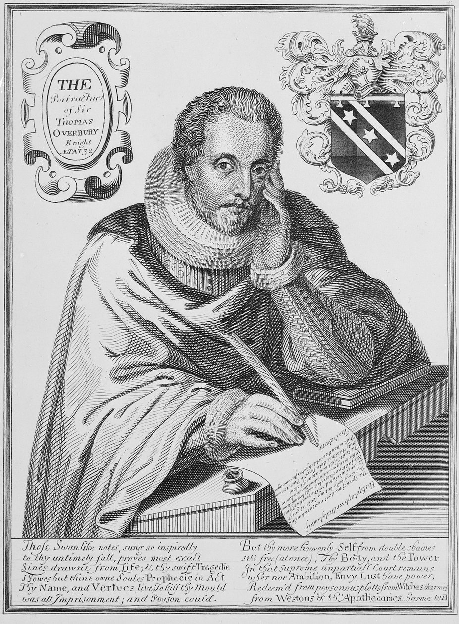 Ritratto di Sir Thomas Overbury (1581-1613) che scrive il suo epitaffio, inciso da Renold Elstrack (1571-c.1630) 1613 da English School