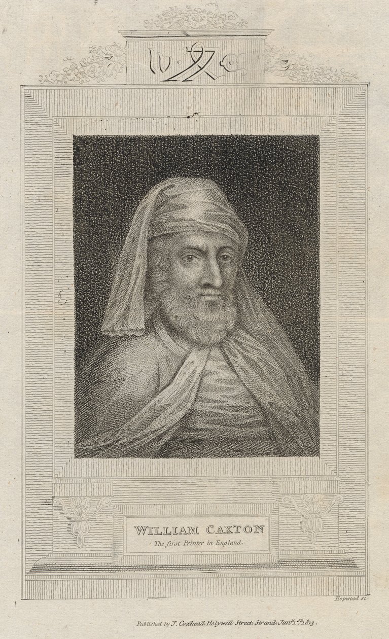 Ritratto di William Caxton (c.1422-91) e il suo marchio di tipografo da English School