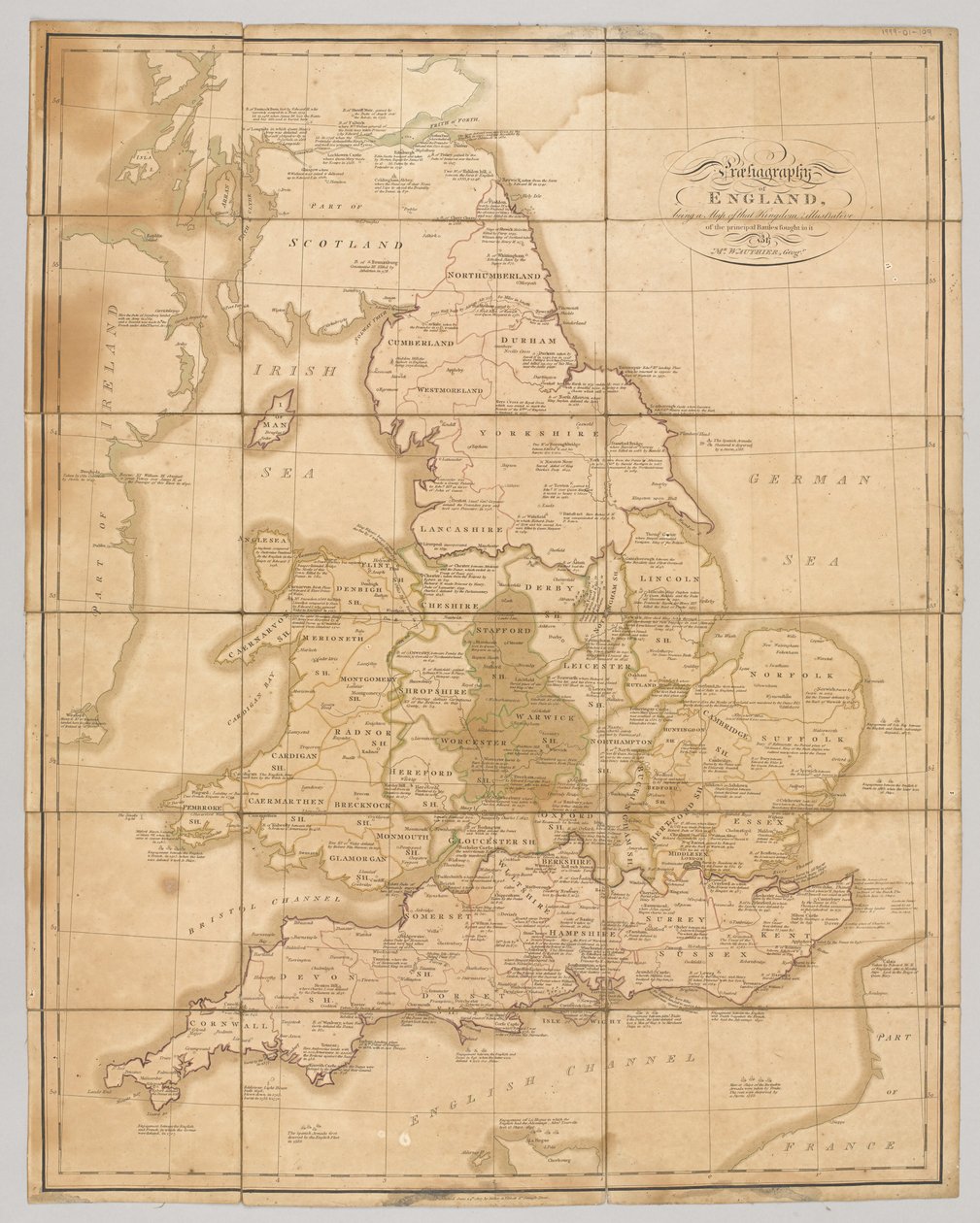 Praehagraphy of England, mappa del Regno illustrativa delle principali battaglie combattute, pub. 1807 da English School