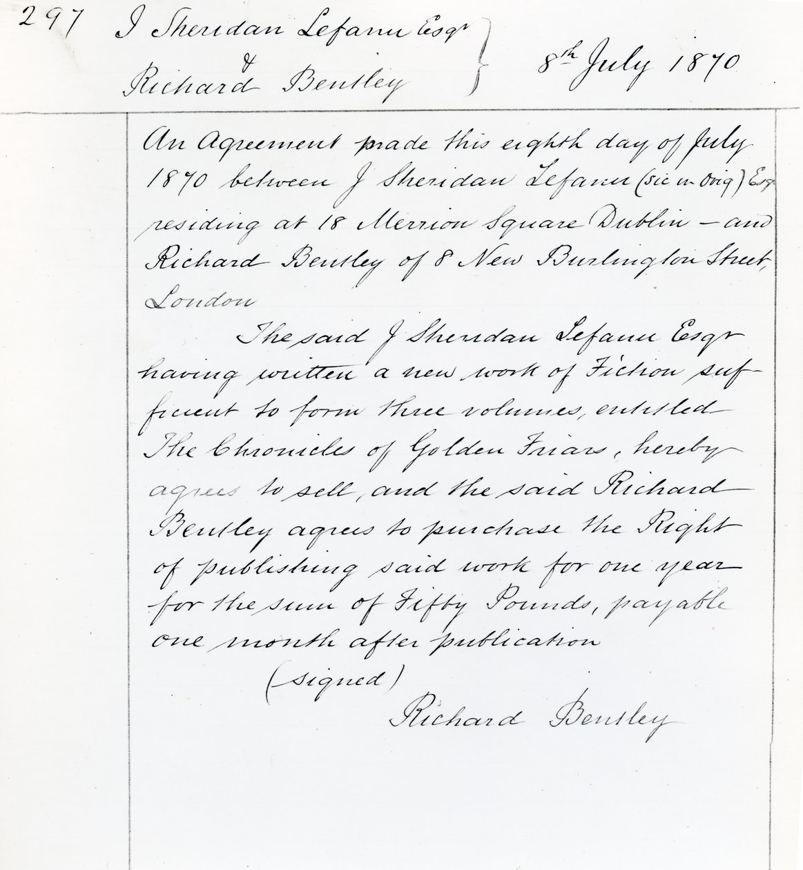 Contratto editoriale tra Joseph Sheridan Le Fanu e Richard Bentley per 