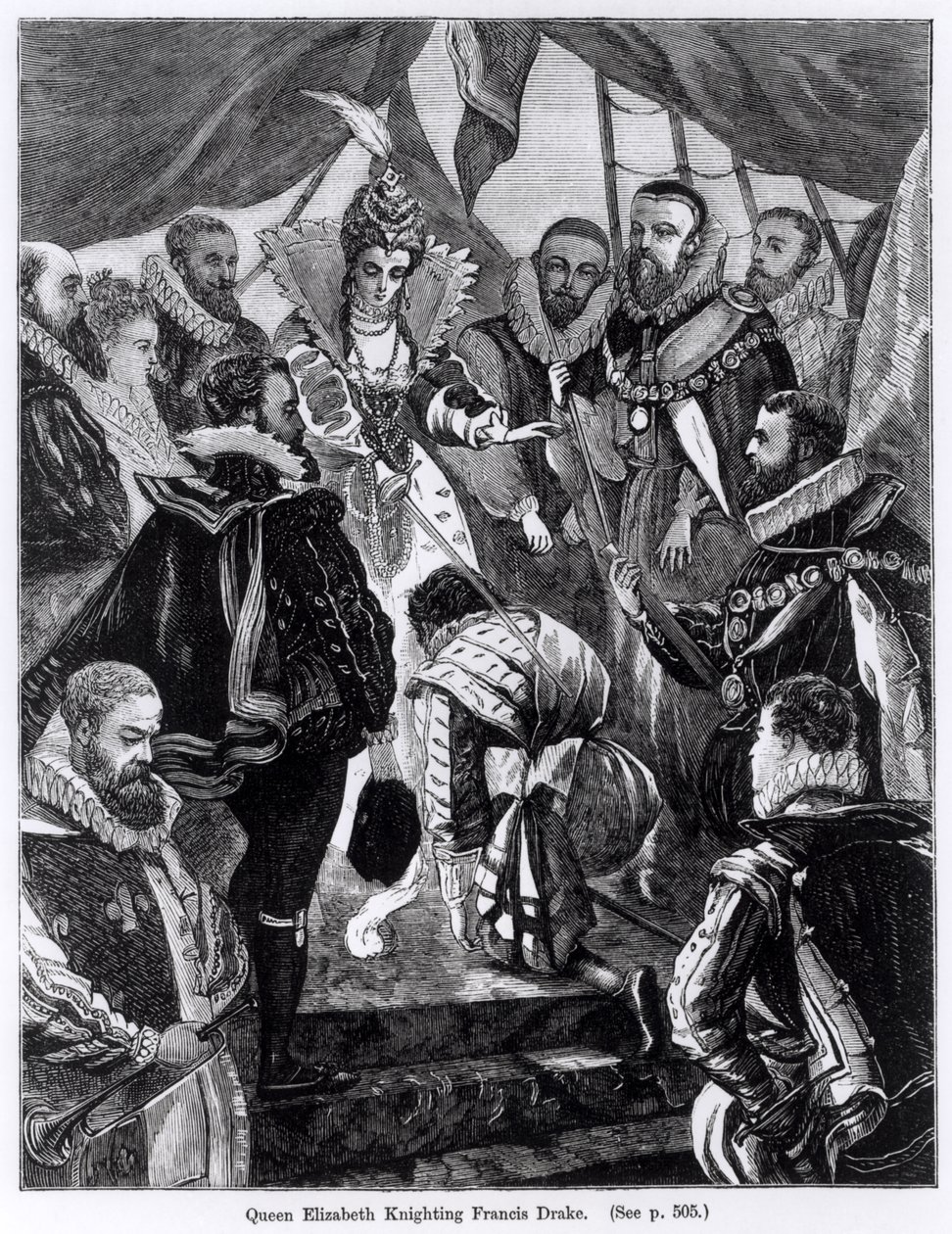 La Regina Elisabetta I (1530-1603) nomina cavaliere Francis Drake (c.1540-96) nel 1581 da English School