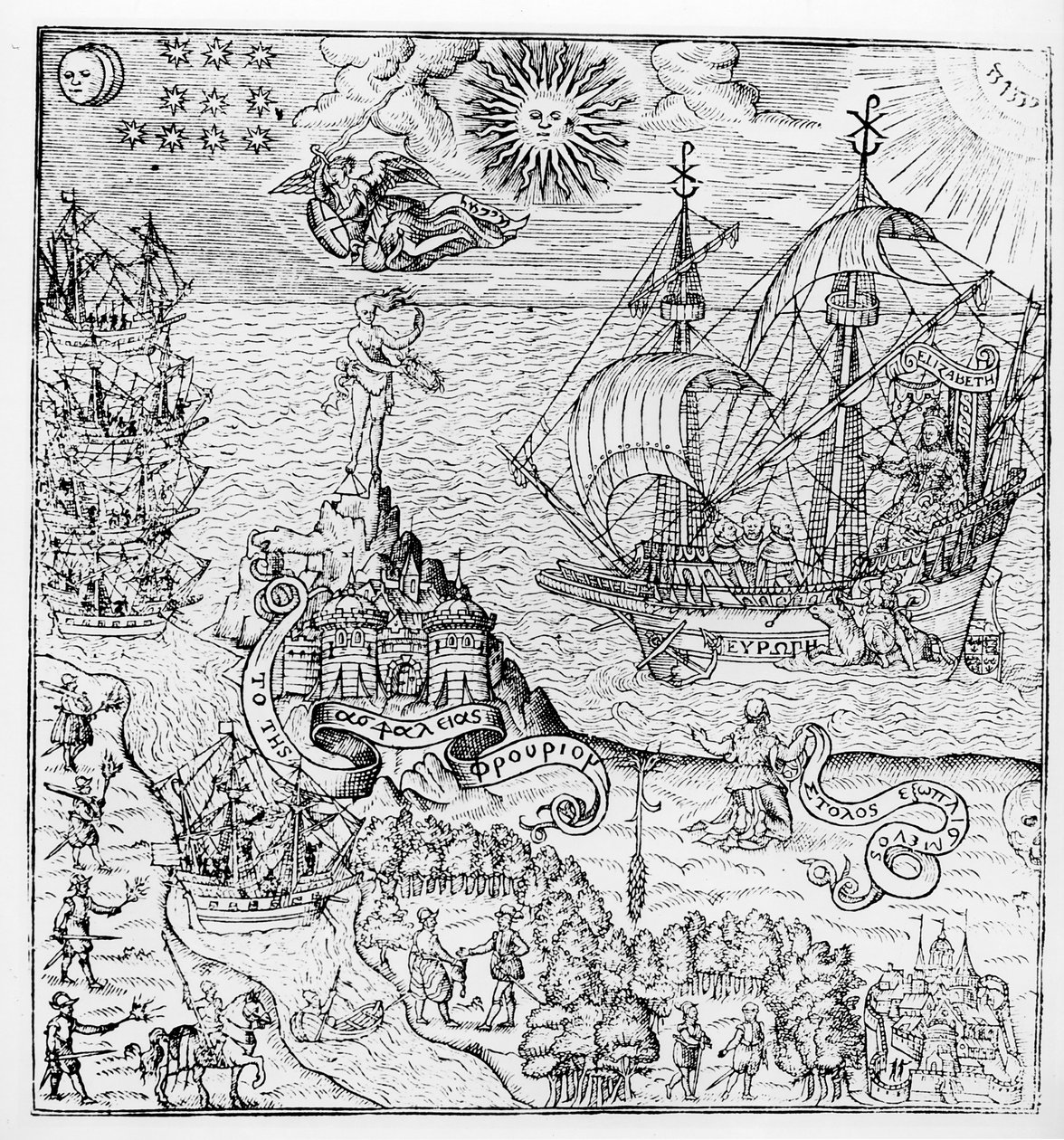 Regina Elisabetta I (1553-1603) a bordo di una nave da English School