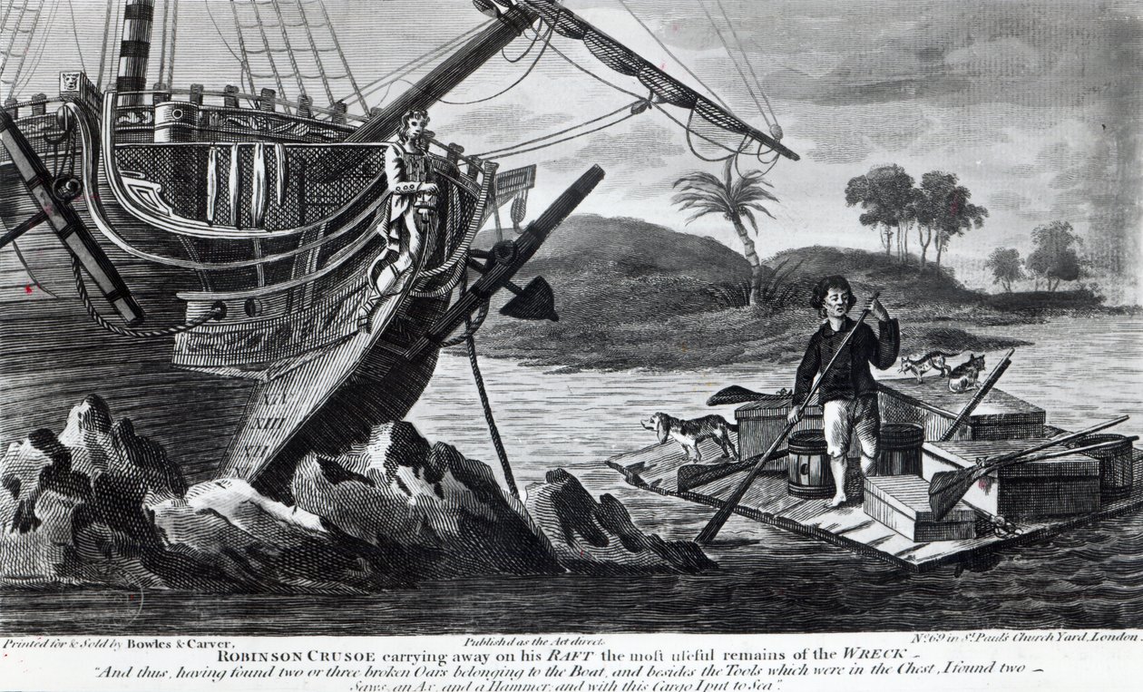 Robinson Crusoe che porta via sulla sua zattera i resti più utili del naufragio da English School