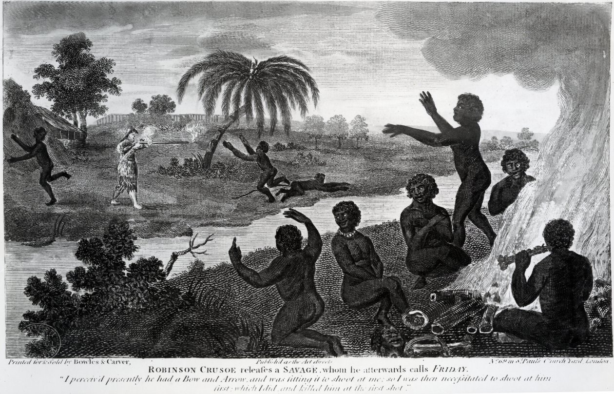 Robinson Crusoe libera un selvaggio, che poi chiama Venerdì, illustrazione da 