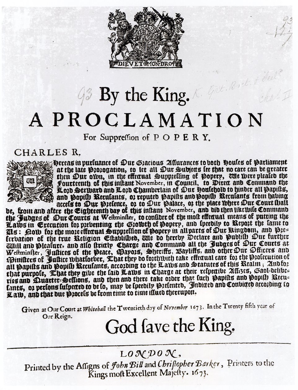 Dichiarazione reale, 1675 da English School