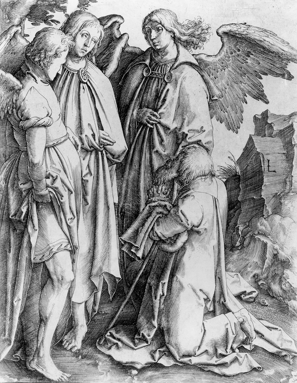 Santo inginocchiato davanti agli angeli da English School