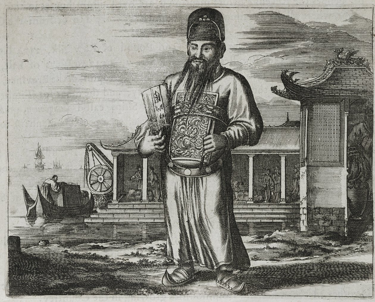 Funzionario civile anziano che raccoglie tasse, illustrazione da una descrizione delle ambasciate in Cina, 1690 da English School