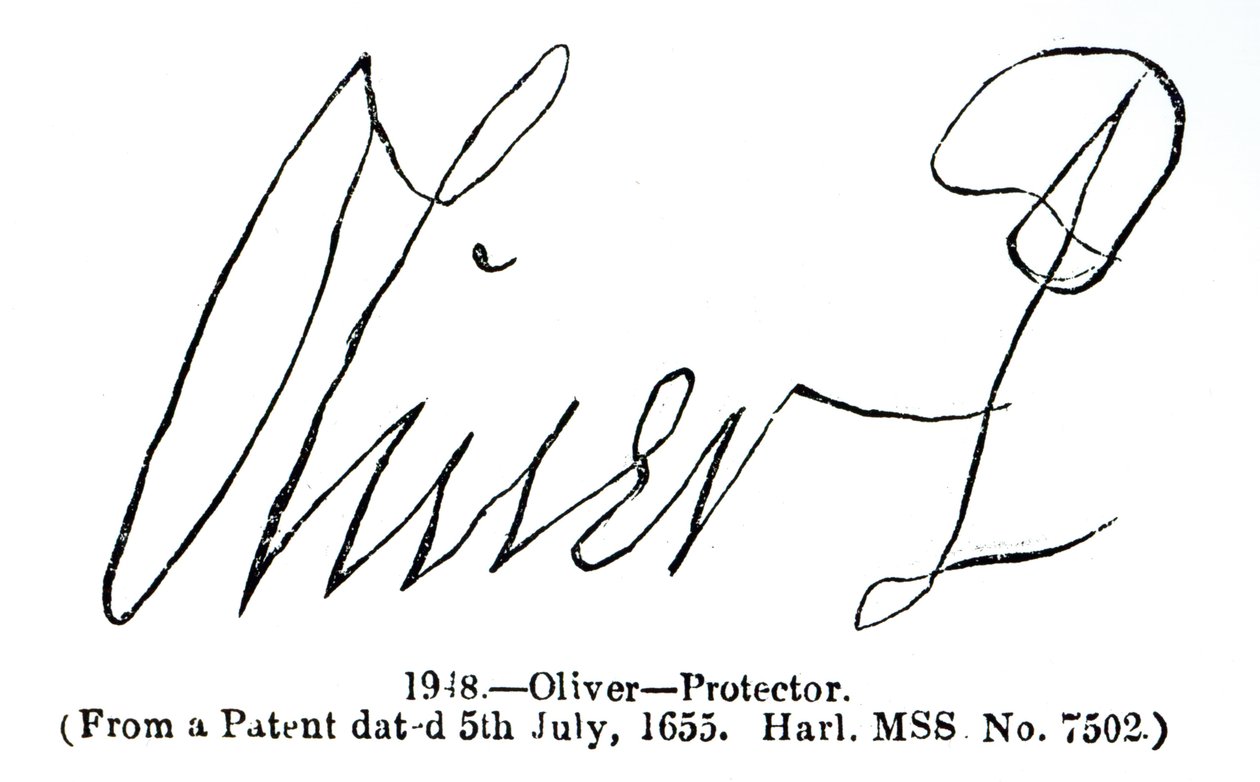 Firma di Oliver Cromwell (1599-1658) Lord Protettore, da un manoscritto di brevetto (Harl.MSS No.7502) datato 5 luglio 1655 da English School