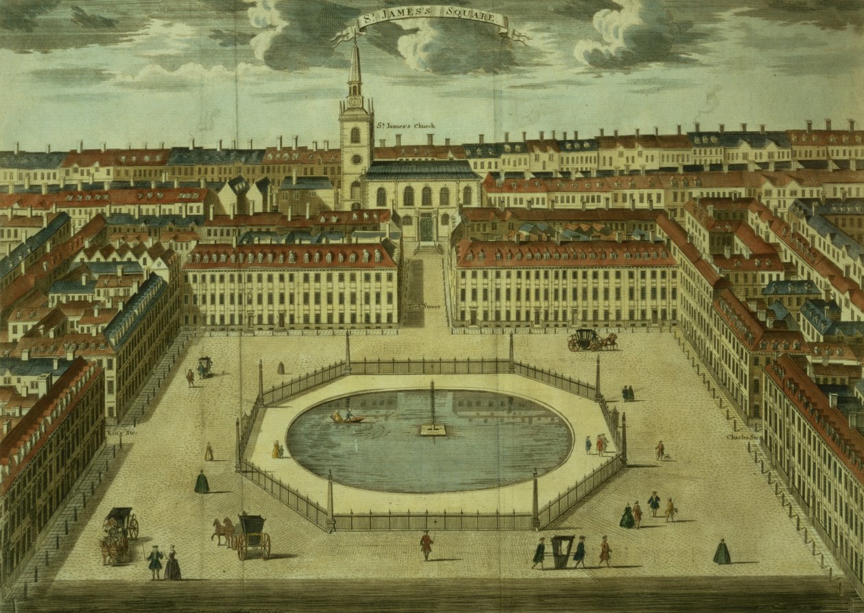 Piazza St. James, per il Survey of London di Stow, pub. 1754 da English School