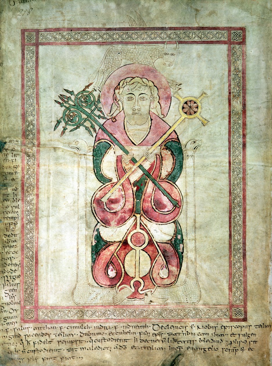 San Luca e il suo vitello alato, pagina del titolo del Vangelo di San Luca, dai Vangeli di Lichfield, c.720 da English School