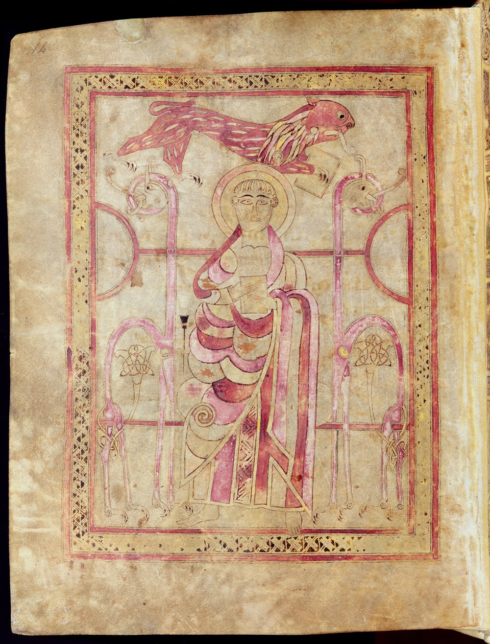 San Marco in trono con il suo leone, pagina del titolo del Vangelo di San Marco, dai Vangeli di Lichfield, c.720 da English School