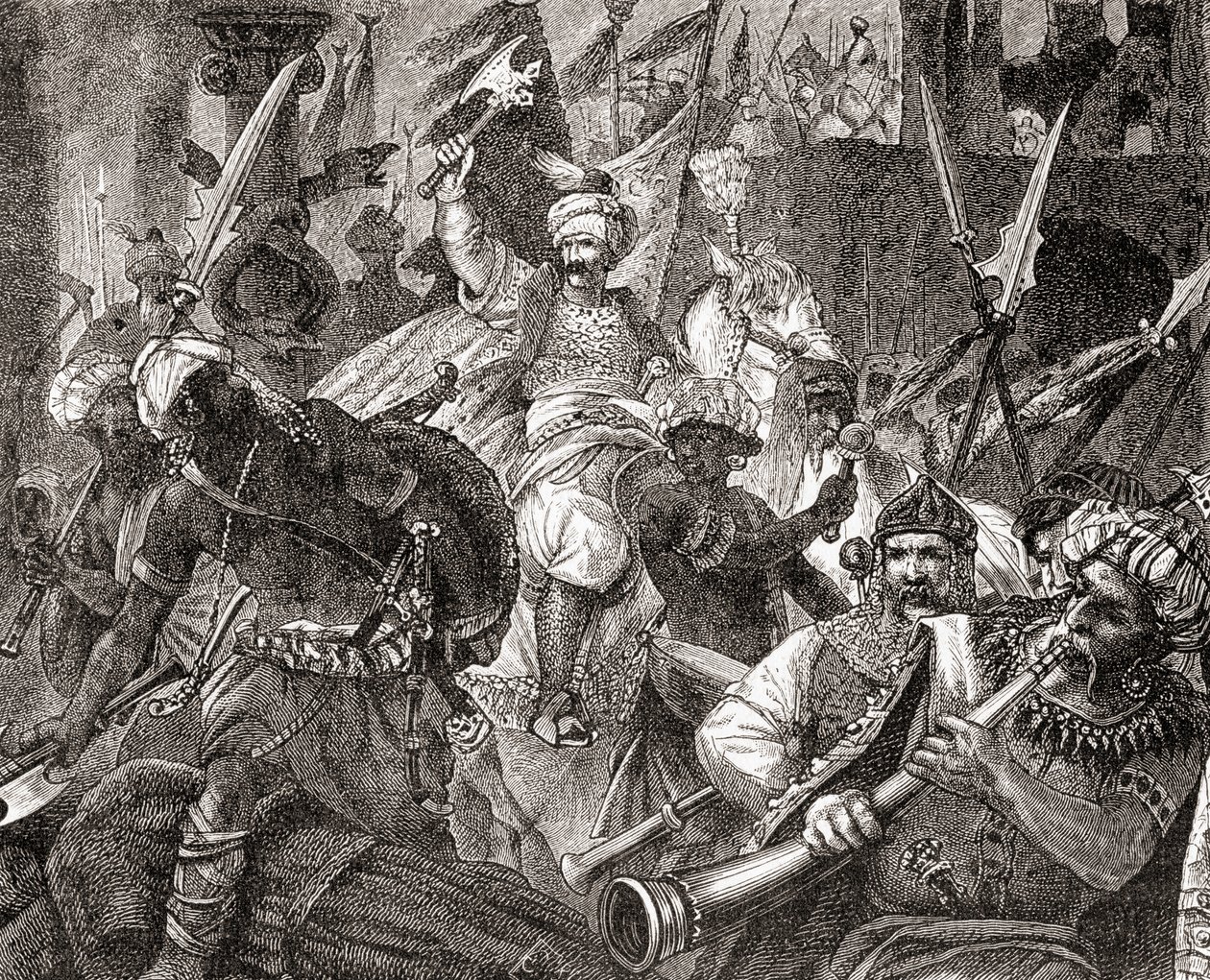 La Battaglia di Alcacer Quibir, Marocco settentrionale, 4 agosto 1578, da Ward and Locks Illustrated History of the World, pub. c.1882 da English School