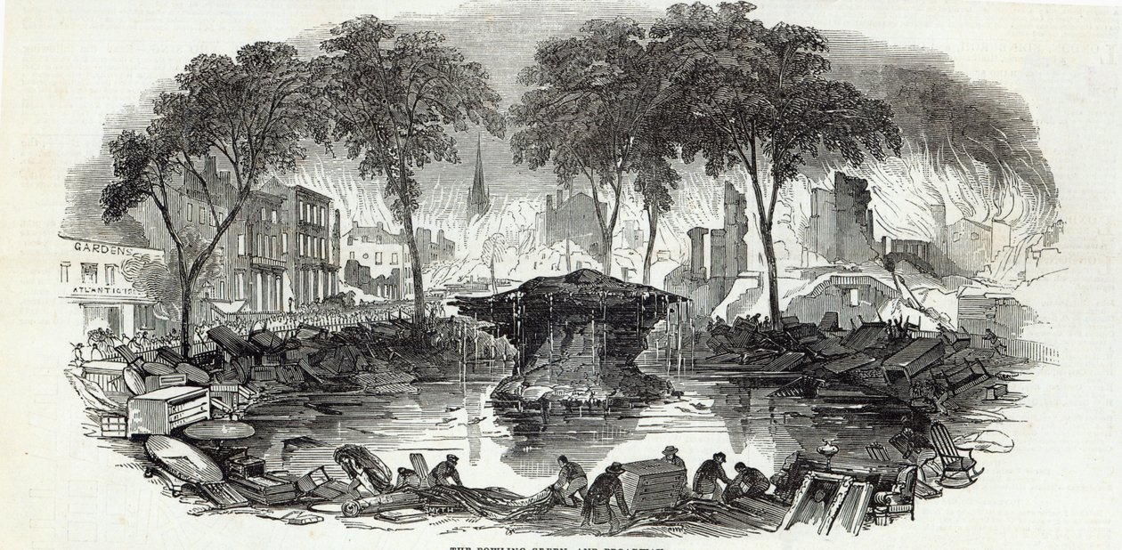 Il Bowling-green e Broadway, New York, da The Illustrated London News, 23 agosto 1845 da English School