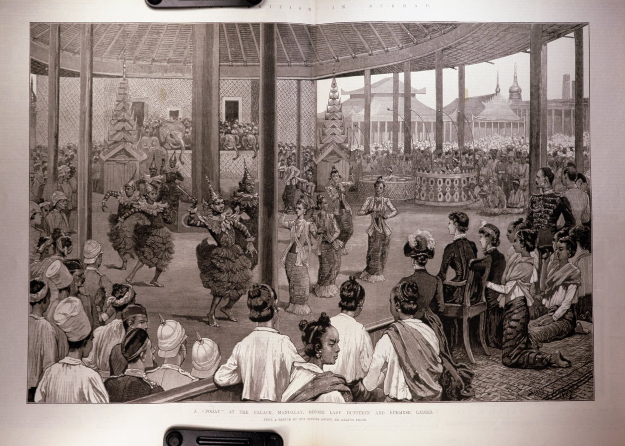 I britannici in Birmania: Un Pooay al Palazzo, Mandalay, davanti a Lady Dufferin e signore birmane, da 