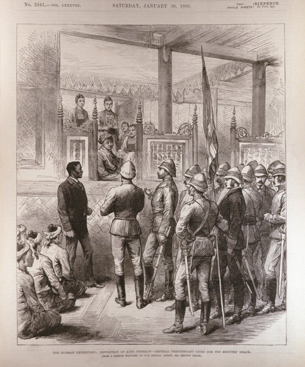 La deposizione del Re Theebaw (1858-1916) in Birmania: il generale Prendergast gli concede dieci minuti di grazia, da The Illustrated London News, 30 gennaio 1886 da English School