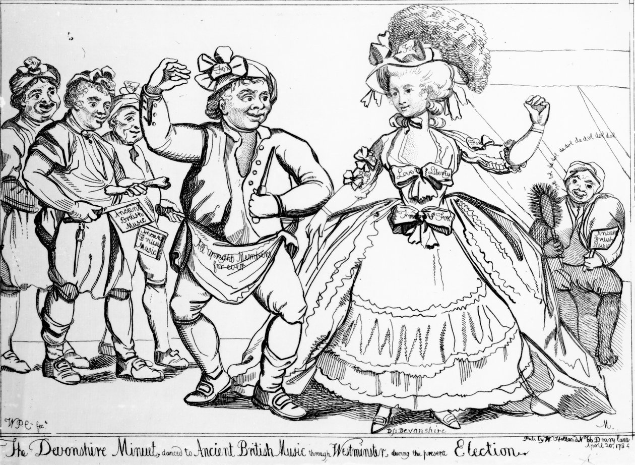Il minuetto del Devonshire, ballato con musica britannica antica attraverso Westminster durante le elezioni, stampa di William Paulet Carey da English School