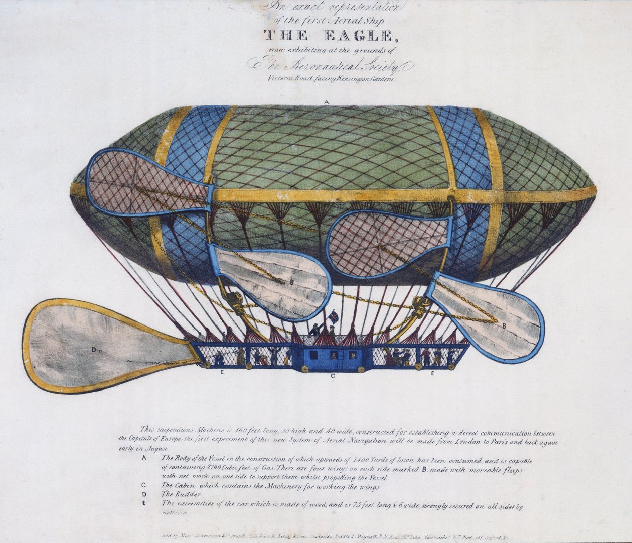 Il dirigibile Eagle, pubblicato da Ackermann & Co., Londra, 1834 da English School