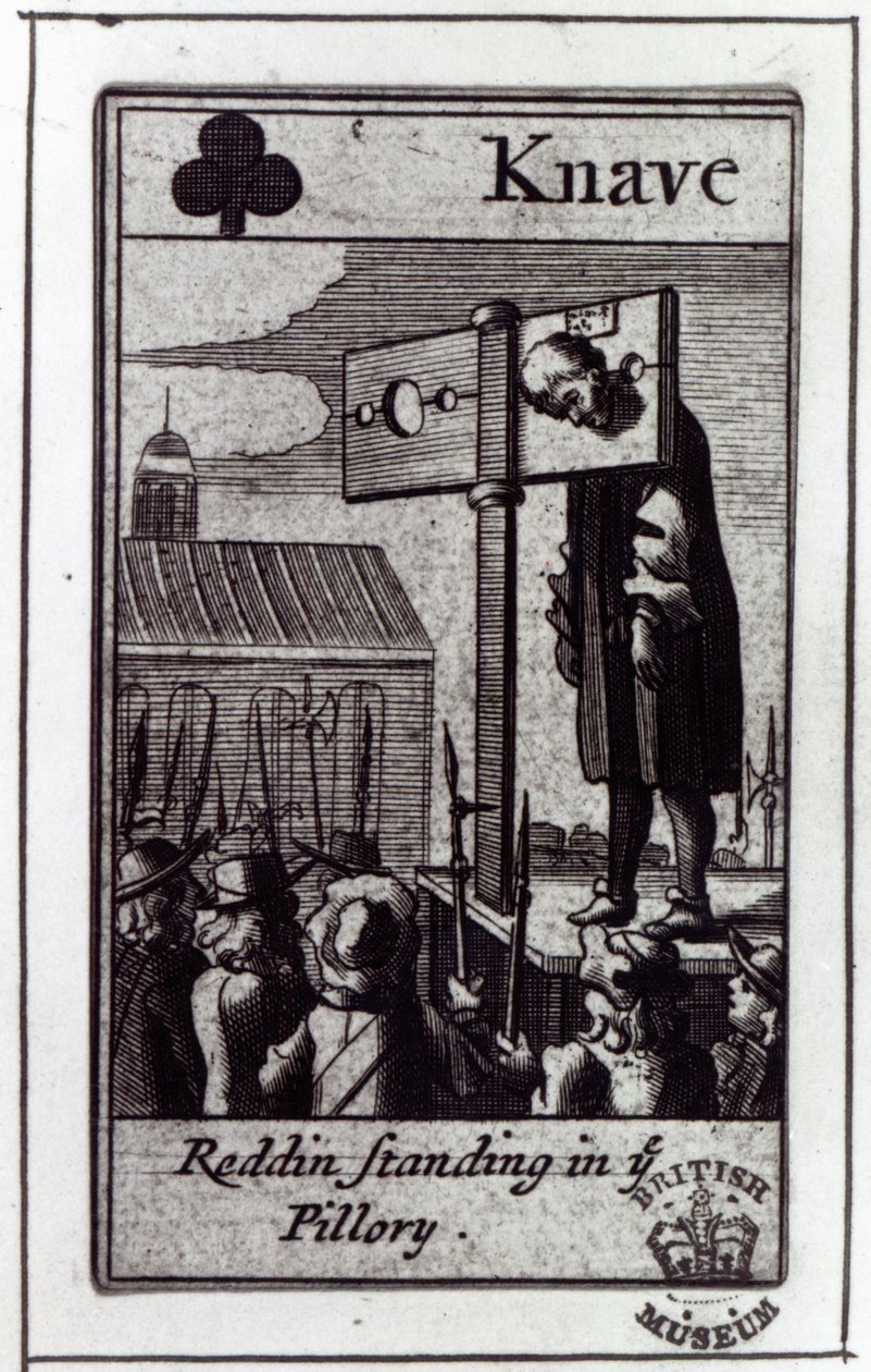 Il fante di fiori, da un mazzo di carte relativo al complotto papista del 1678 e alla condanna di Nathaniel Reading, 1679 da English School