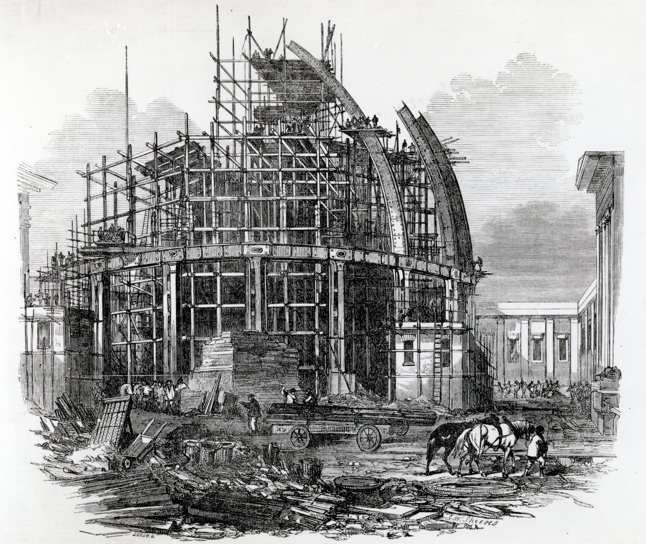 La nuova sala di lettura al British Museum, in costruzione, inciso da C.W. Sheeres, pubblicato in 