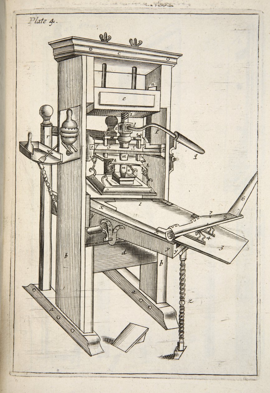 La Pressa da Stampa, da Mechanick Exercises: or The Doctrine of Handy-Works applied to the Art of Printing, pub. 1683 da English School