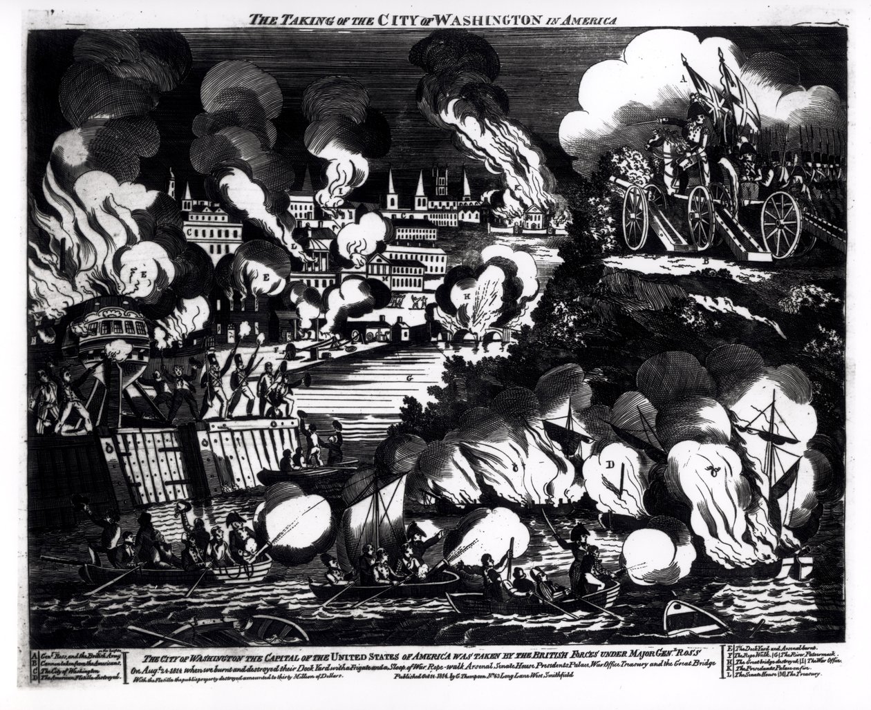 La presa della città di Washington in America, 24 agosto 1814, pub. da G. Thompson, 1814 da English School