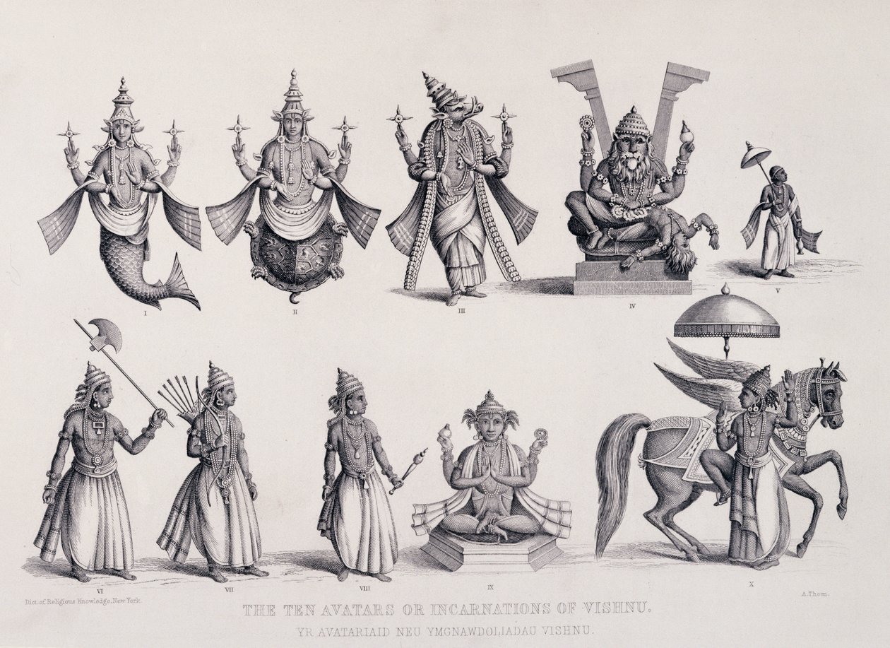 Le dieci incarnazioni di Vishnu, inciso da A. Thorn, da 