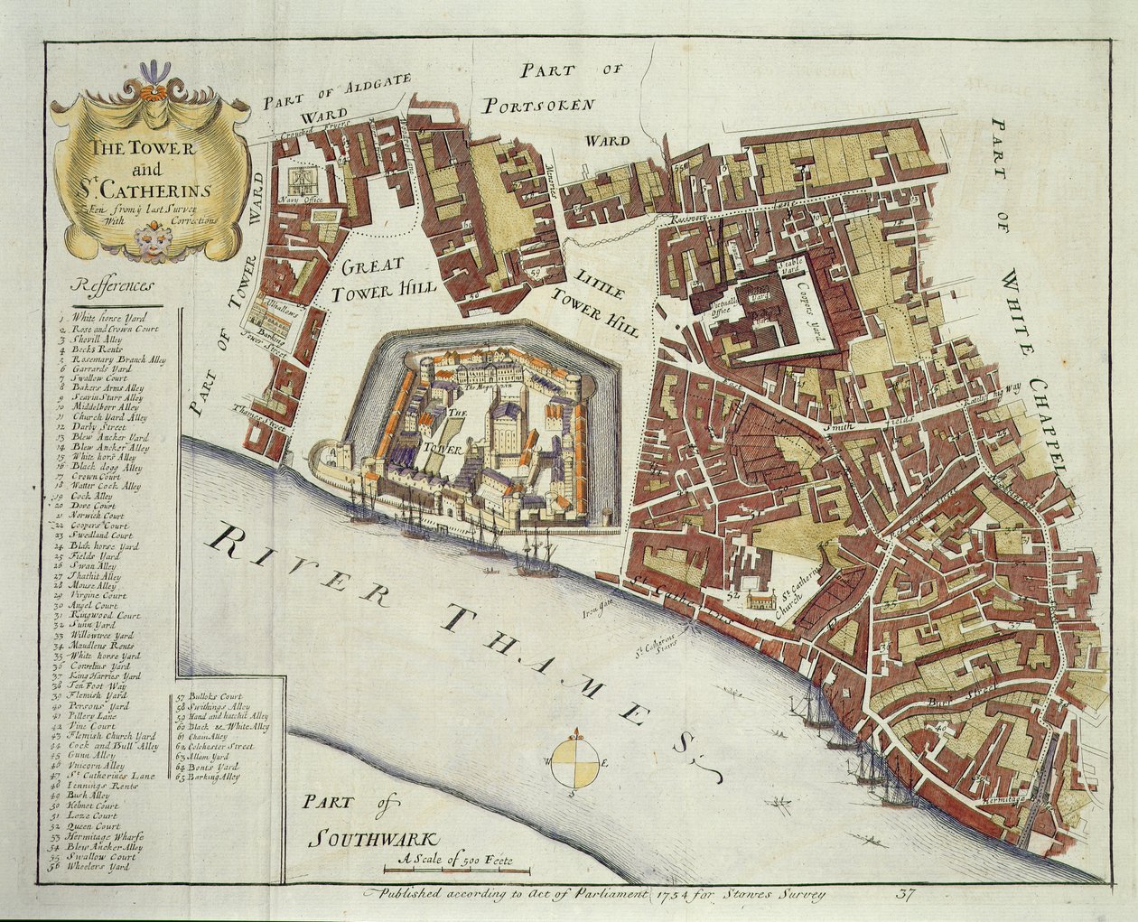 La Torre e St. Catherines, per Stows Survey of London, pub. 1754 da English School